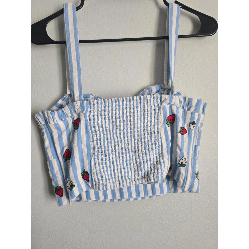 Maeve Anthropologie Blue and White Striped Strawberry Embroidered Cami Tank (10) - Picture 3 of 5